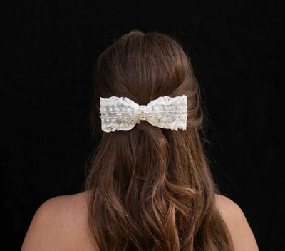 Lace Bridal Bow with Rhinestones and Pearls 9733 Lace Bridal Bow with Rhinestones and Pearls 9733
