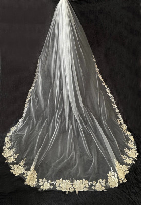 Silver and Gold Floral Embroidered Lace Royal Cathedral Wedding Veil