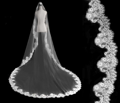 Regal Cathedral Mantilla Wedding Veil with Floral Chantilly Lace