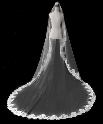 Regal Cathedral Mantilla Wedding Veil with Floral Chantilly Lace