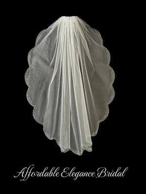 Scallop Knee Length Wedding Veil with Pearl and Rhinestone Beading