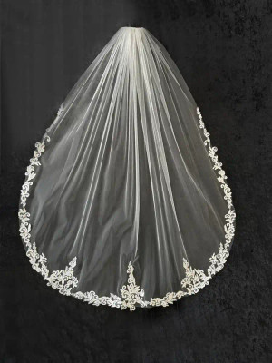 Waltz Length Alencon Lace Wedding Veil with Swirly Leaf Design Waltz Length Alencon Lace Wedding Veil with Swirly Leaf Design