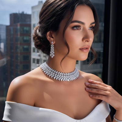 Choker Style CZ Crystal Bridal and Formal Jewelry Set 