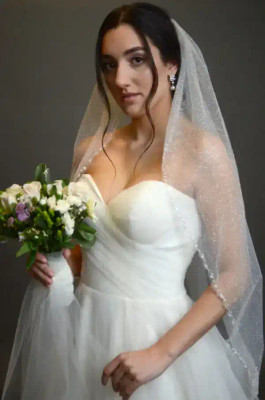 Glitter Tulle Pearl Beaded Regal Cathedral Wedding Veil V754LL