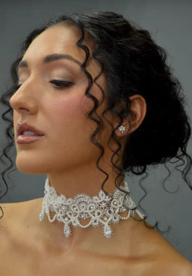 Beaded Pearl and Crystal Lace Choker and Earring Bridal Jewelry Set