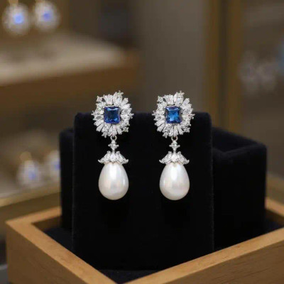 Sapphire Blue CZ and Pearl Wedding and Formal Earrings E3468