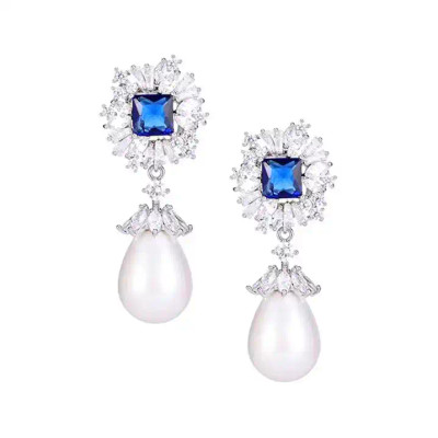 Sapphire Blue CZ and Pearl Wedding and Formal Earrings E3468