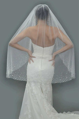 Pearl Border Knee Length Wedding Veil Elena E1628