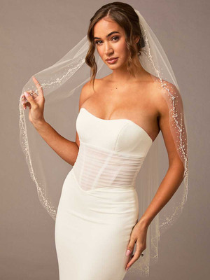 Pearl Beaded Edge Fingertip Wedding Veil Envogue V2676SF