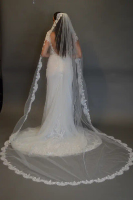 Pearl Beaded Lace Royal Cathedral Wedding Veil Ansonia 525L
