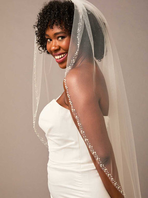 Pearl and Sequin Beaded Fingertip Wedding Veil Envogue V2673SF