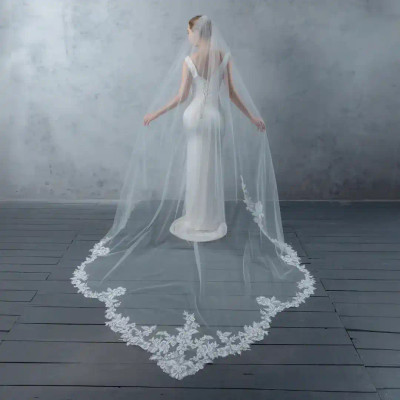 Scalloped Regal Cathedral Wedding Veil with Beaded Lace