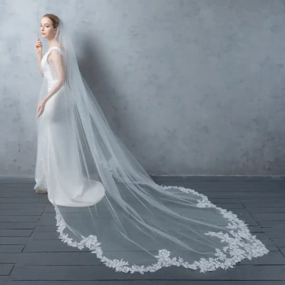 Scalloped Regal Cathedral Wedding Veil with Beaded Lace