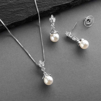 Silver Plated CZ Trio and Pearl Drop Bridal Jewelry