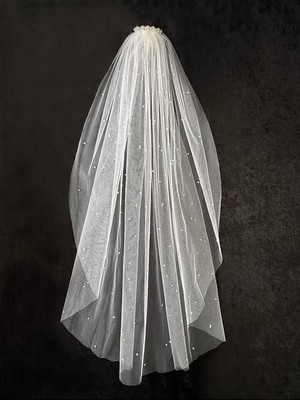 Pearl Knee Length Wedding Veil with Pearl and Rhinetone Comb