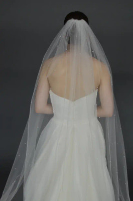 Beaded Edge Pearl and Crystal Knee Length Wedding Veil