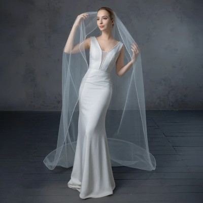 Frosted Bugle Bead and Crystal Cathedral Wedding Veil V6238C