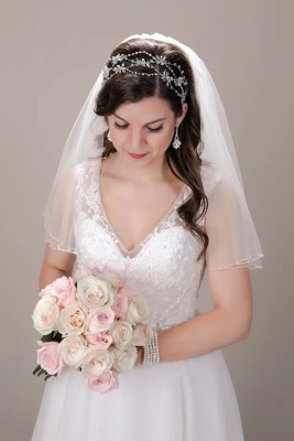 Pearl and Crystal Edge Two Layer Fingertip Wedding Veil C505