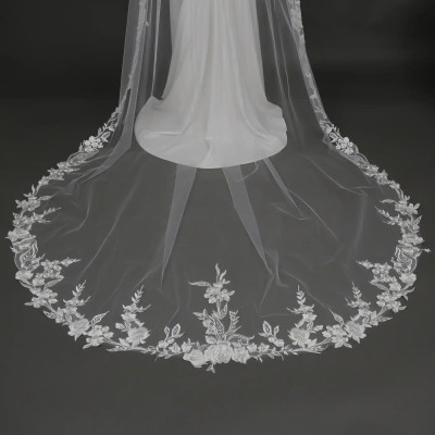 Sequined Rose Lace Cathedral Wedding Veil V6277