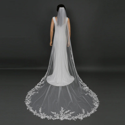 Royal Cathedral Wedding Veil with Floral Vine Lace V6228R