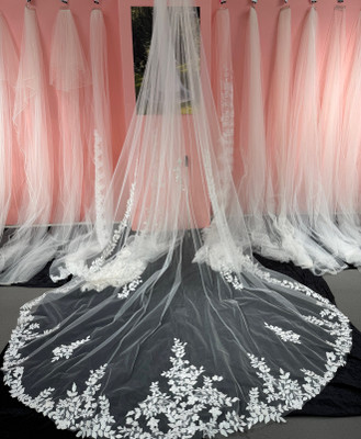 Extra Wide Royal Cathedral Wedding Veil with Leafy Lace CF952