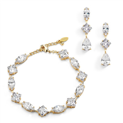 Gold Plated Multi-Shape CZ Wedding Bracelet and Earring Set