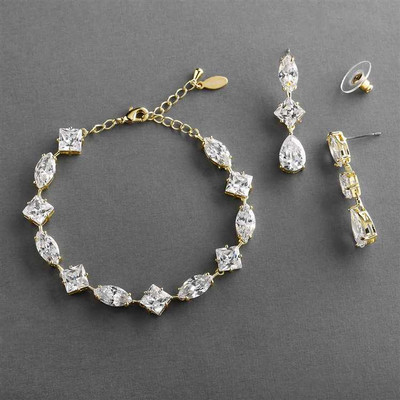 Gold Plated Multi-Shape CZ Wedding Bracelet and Earring Set