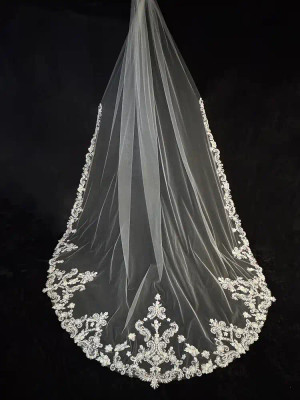 Heavily Beaded Scroll Lace Royal Cathedral Wedding Veil CF951