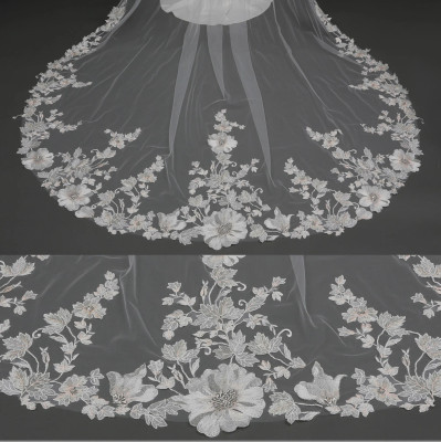 Pink and Ivory Lace Royal Cathedral Wedding Veil V6297
