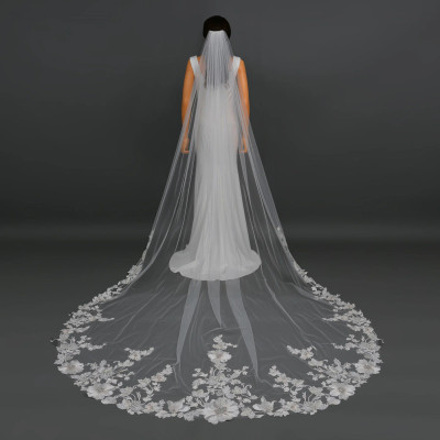 Pink and Ivory Lace Royal Cathedral Wedding Veil V6297