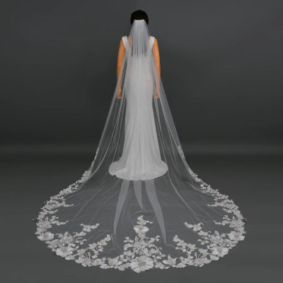 Pink and Ivory Lace Royal Cathedral Wedding Veil V6297