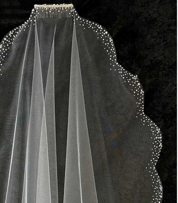 Pearl and Rhinestone Beaded Mantilla Knee Length Wedding Veil