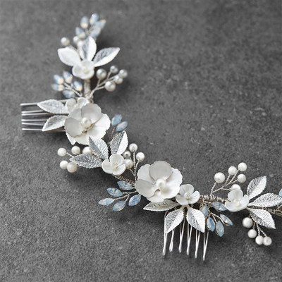 Hand Wired Silver Floral Bridal Comb with Opal Crystals