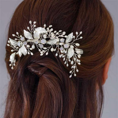 Freshwater Pearl and Opal Crystal Wedding Comb in Silver 