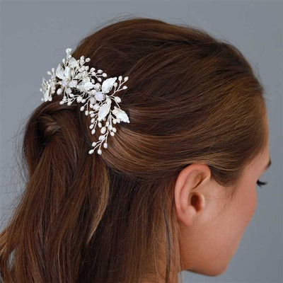 Freshwater Pearl and Opal Crystal Wedding Comb in Silver 