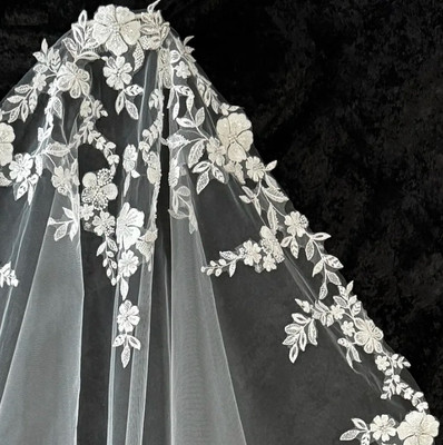 Knee Length Beaded Floral Lace Mantilla Wedding Veil CF943