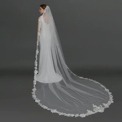 Royal Cathedral Wedding Veil with Beaded Floral Lace V6221R
