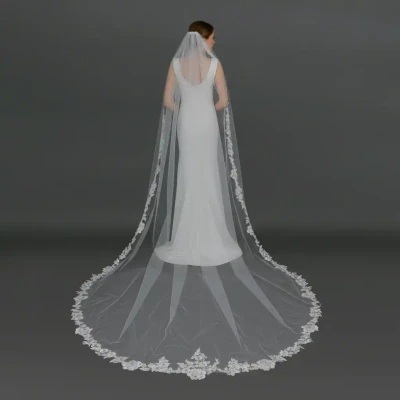 Royal Cathedral Wedding Veil with Beaded Floral Lace V6221R