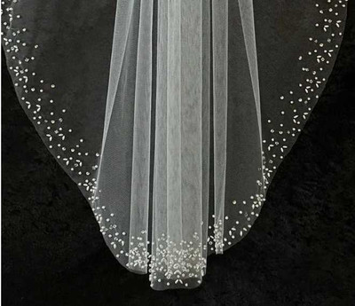 Fingertip Wedding Veil with Pearl & Crystal Border Scatter