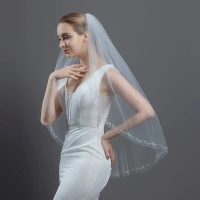 Pearl and Crystal Beaded Vine Fingertip Wedding Veil V6369