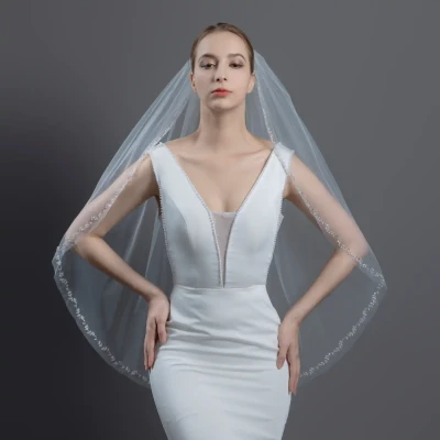 Pearl and Crystal Beaded Vine Fingertip Wedding Veil V6369