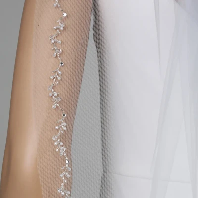 Pearl and Crystal Beaded Vine Fingertip Wedding Veil V6369