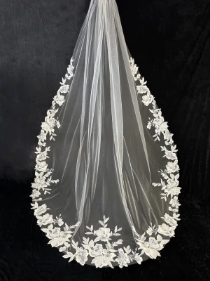 Royal Cathedral Wedding Veil with Large Lace Flowers CF949