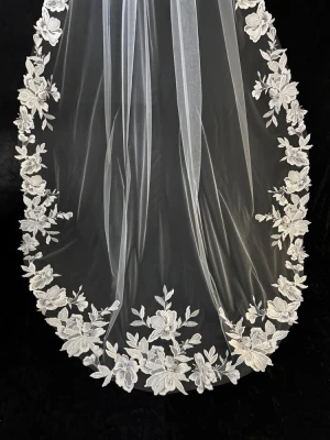 Royal Cathedral Wedding Veil with Large Lace Flowers CF949