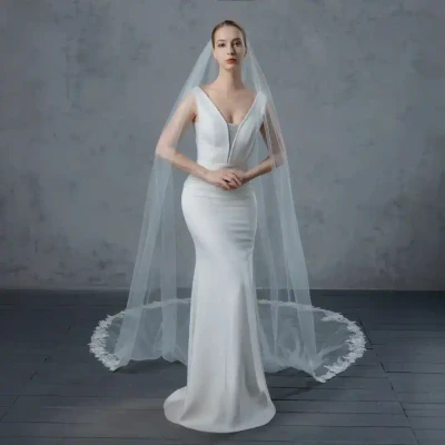 Beaded Floral Vine Lace Cathedral Wedding Veil V6225C
