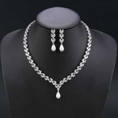 Pearl and 5A CZ Wedding Jewelry Set in Silver or Gold Plating