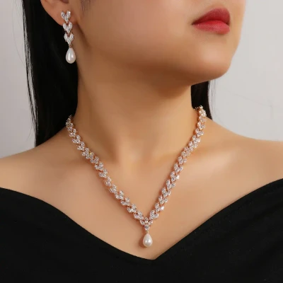 Pearl and 5A CZ Wedding Jewelry Set in Silver or Gold Plating