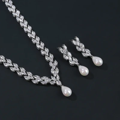 Pearl and 5A CZ Wedding Jewelry Set in Silver or Gold Plating