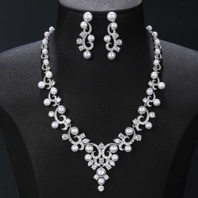 Pearl and 3A CZ Wedding Jewelry Set in Silver Plating