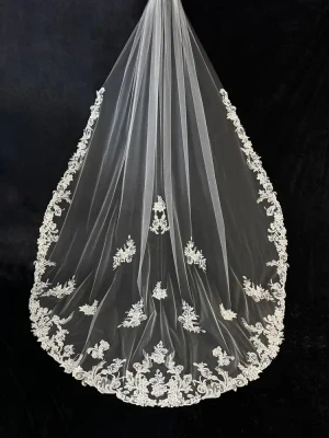 Royal Cathedral Wedding Veil with Lace Appliques CF950